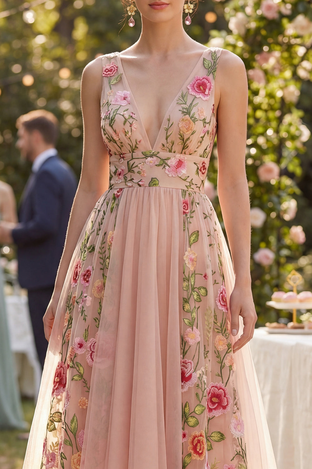 A Line V-Neck Floral Maxi Blush Wedding Guest Dress