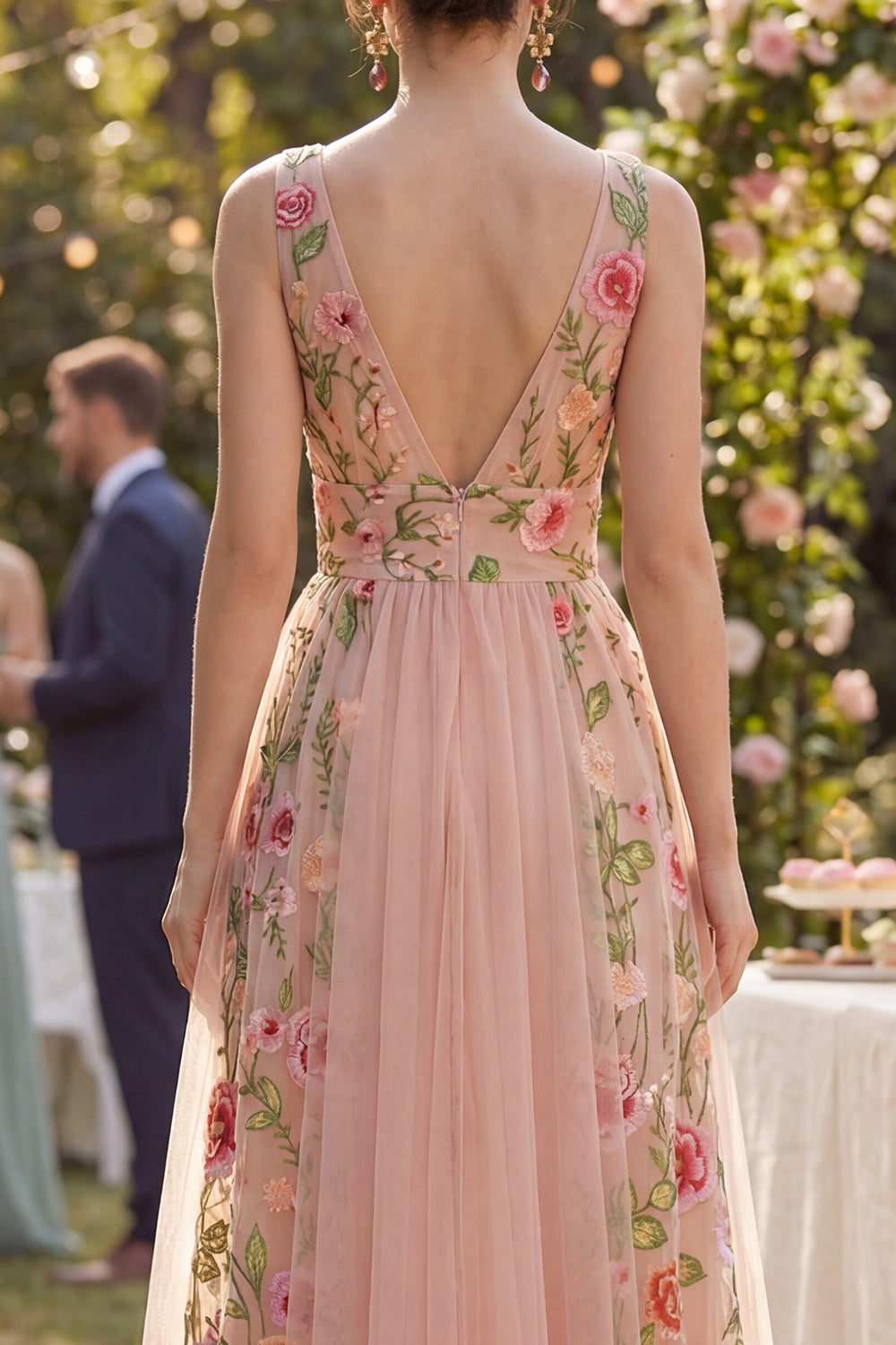 A Line V-Neck Floral Maxi Blush Wedding Guest Dress
