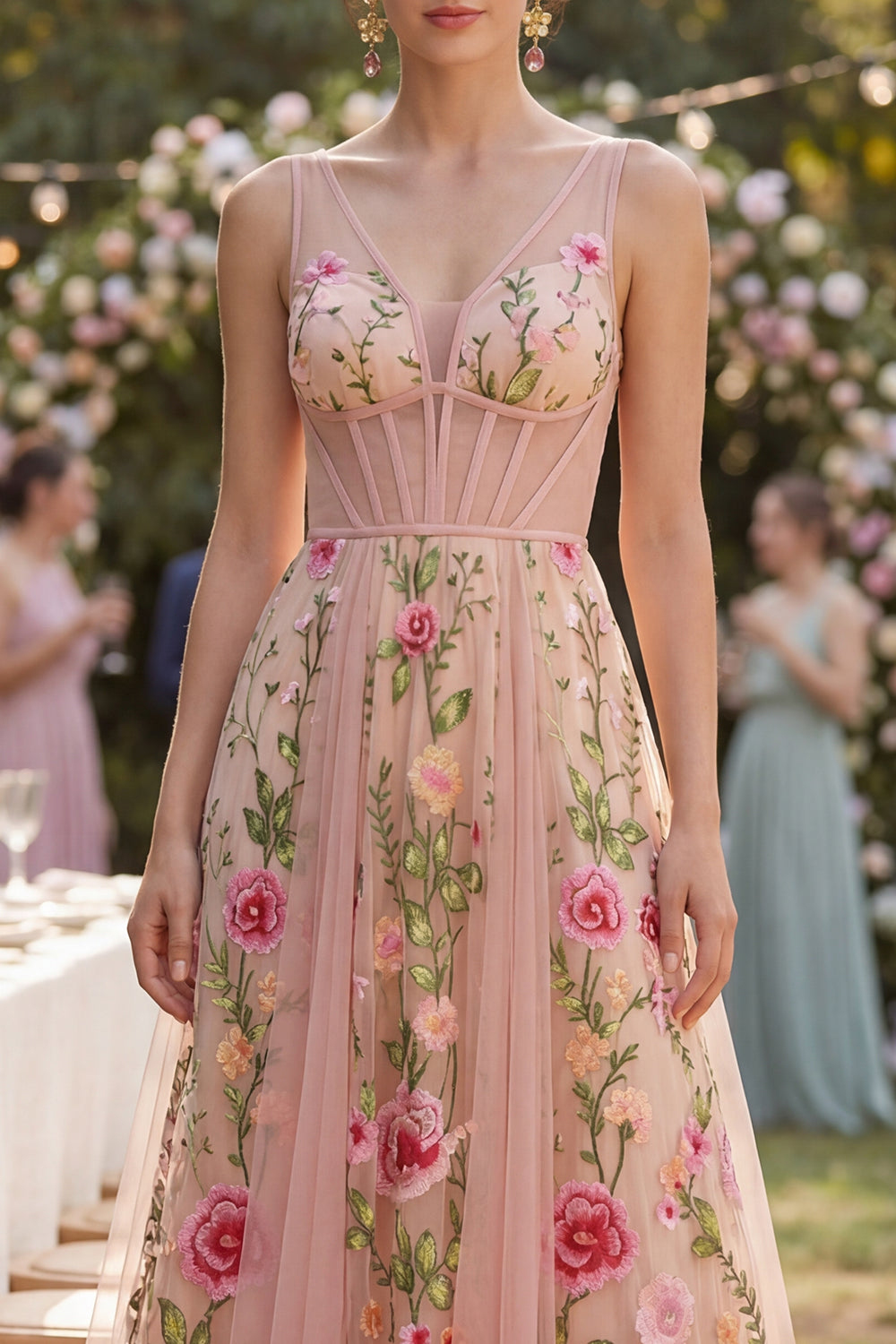 Blush V-Neck A Line Corset Maxi Floral Wedding Guest Dress
