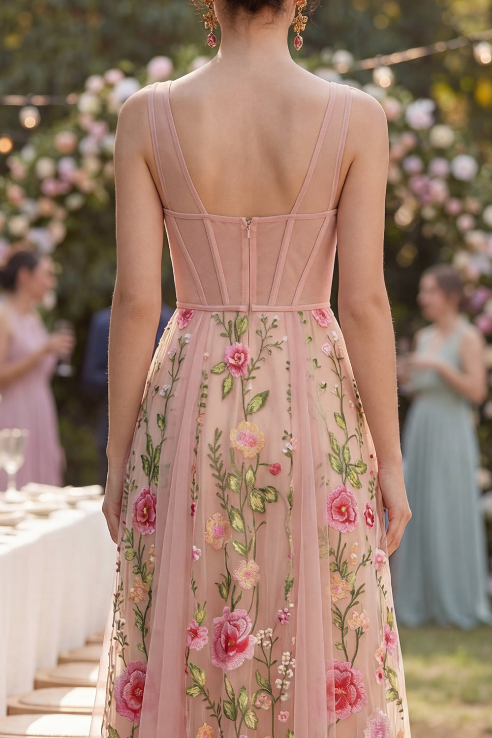 Blush V-Neck A Line Corset Maxi Floral Wedding Guest Dress