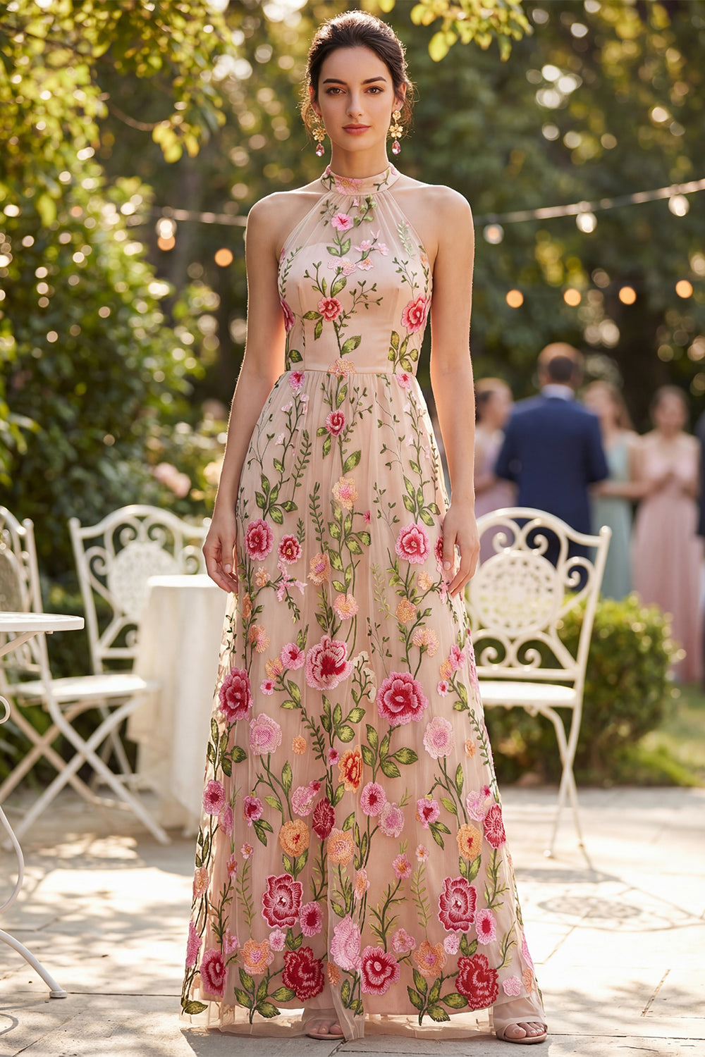 Blush High Neck A Line Maxi Floral Wedding Guest Dress