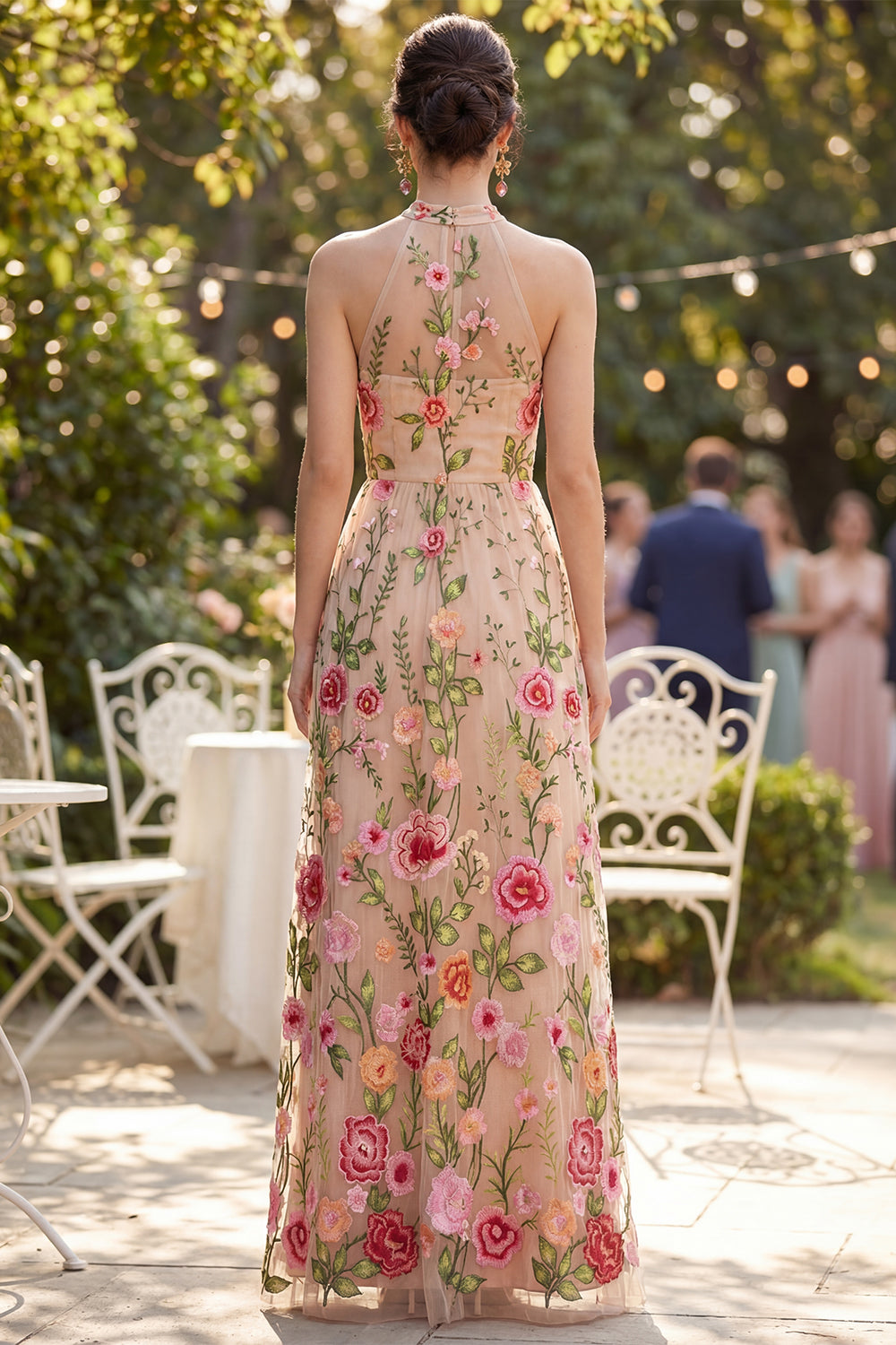 Blush High Neck A Line Maxi Floral Wedding Guest Dress