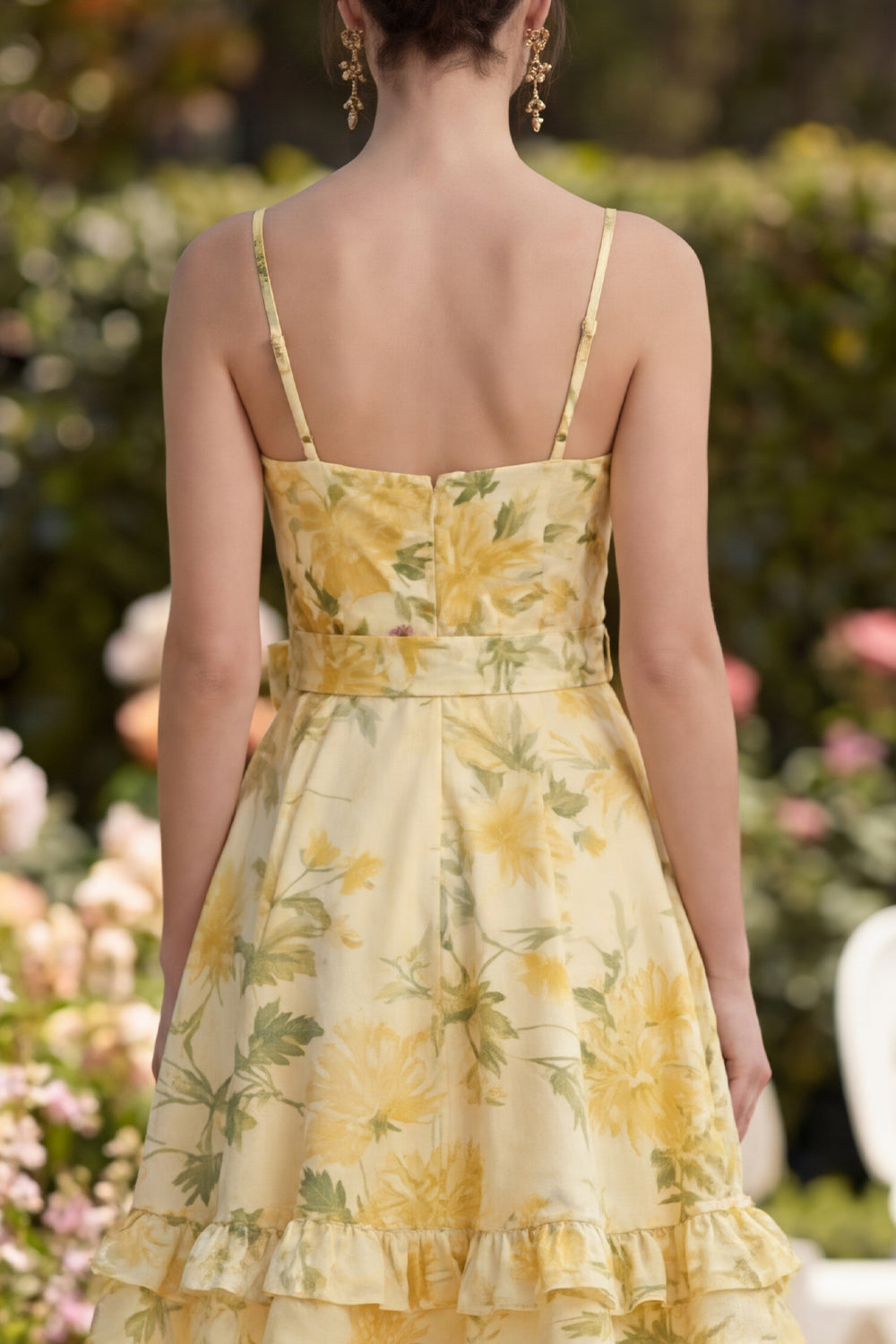 Floral Butter Yellow A Line Ruched Short Ruffled Wedding Guest Dress with Bow