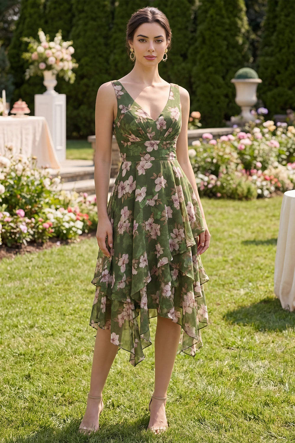 Dark Green Floral Ruched V-Neck A Line Asymmetrical Wedding Guest Dress with Ruffles