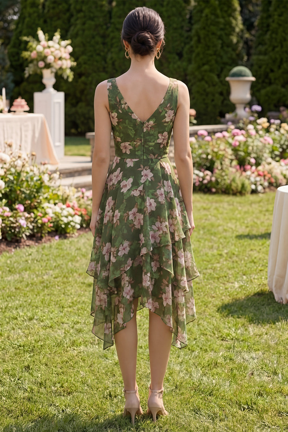 Dark Green Floral Ruched V-Neck A Line Asymmetrical Wedding Guest Dress with Ruffles