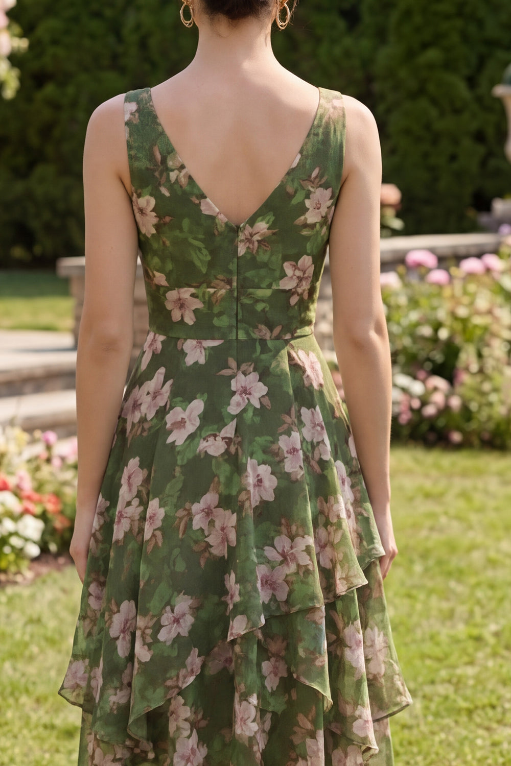 Dark Green Floral Ruched V-Neck A Line Asymmetrical Wedding Guest Dress with Ruffles