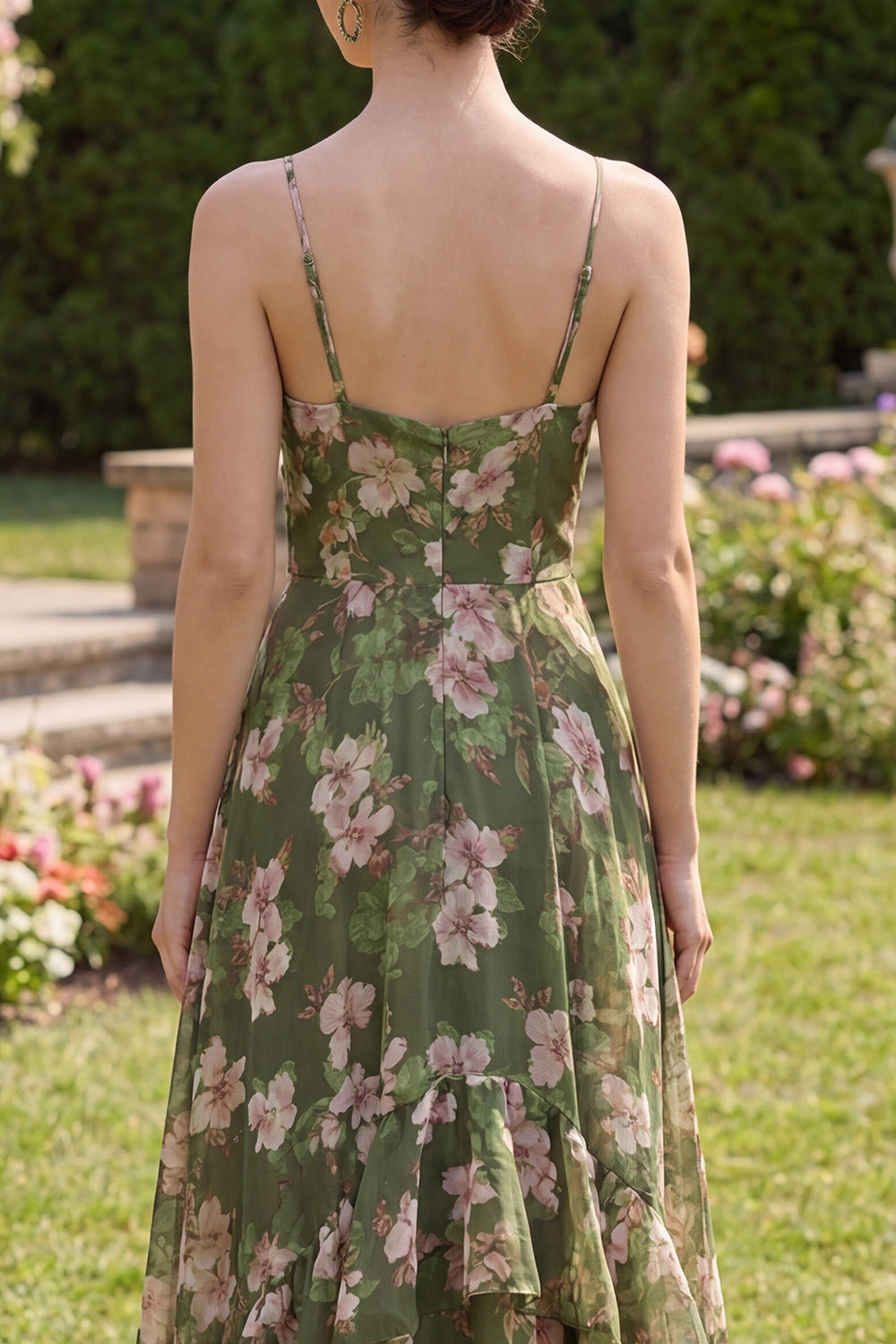 Dark Green Floral Spaghetti Straps A Line Long Beach Wedding Guest Dress with Ruffles
