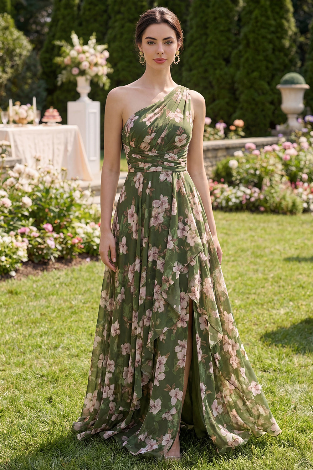 Dark Green Ruffled Floral A Line Ruched Long Beach Wedding Guest Dress with Slit