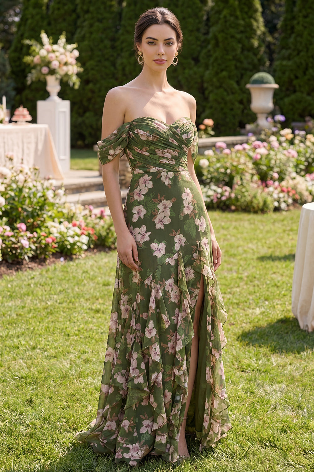 Dark Green Floral Ruched A Line Beach Long Wedding Guest Dress with Ruffles