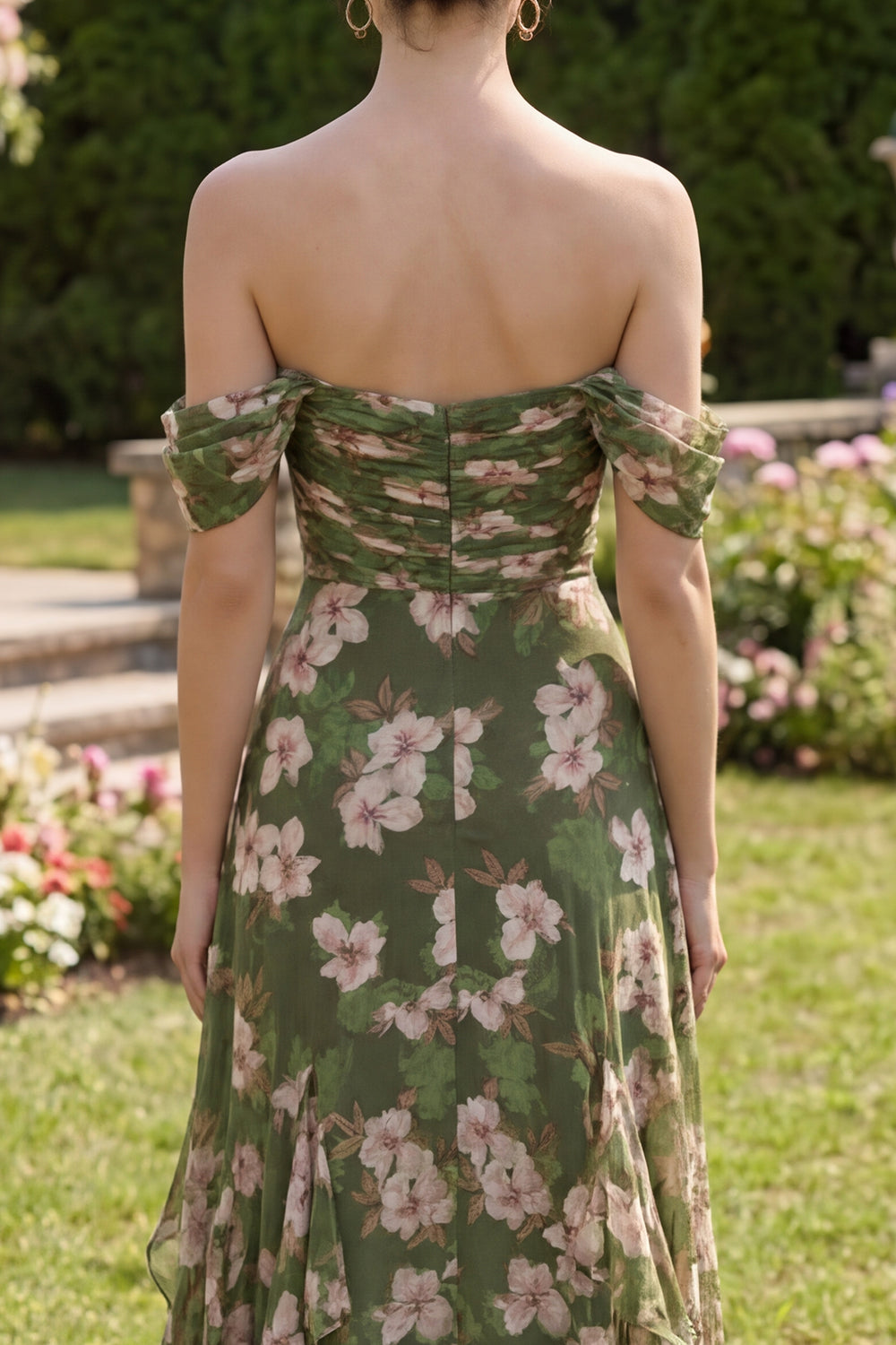 Dark Green Floral Ruched A Line Beach Long Wedding Guest Dress with Ruffles