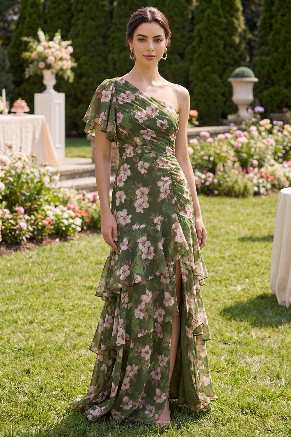 Dark Green Floral Flutter Sleeves A Line Long Beach Wedding Guest Dress with Ruffles
