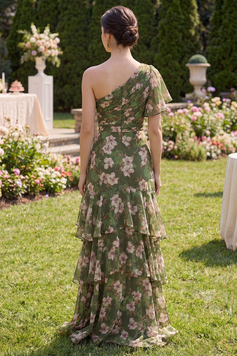 Dark Green Floral Flutter Sleeves A Line Long Beach Wedding Guest Dress with Ruffles