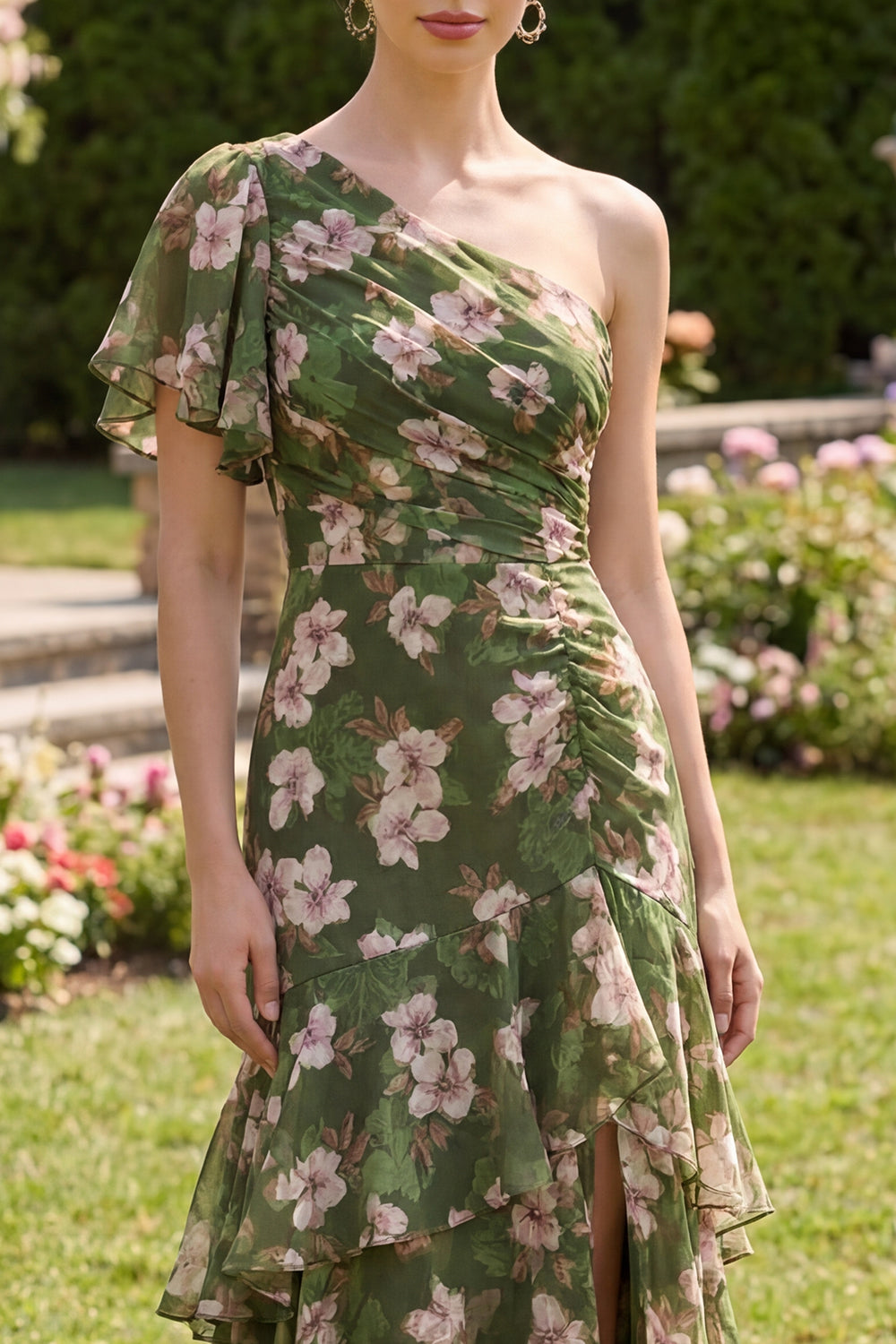 Dark Green Floral Flutter Sleeves A Line Long Beach Wedding Guest Dress with Ruffles