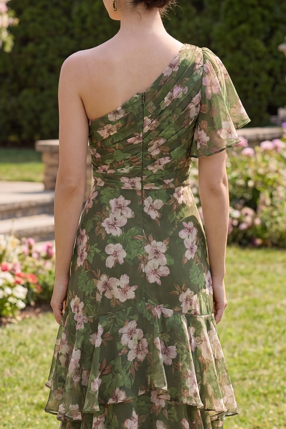 Dark Green Floral Flutter Sleeves A Line Long Beach Wedding Guest Dress with Ruffles