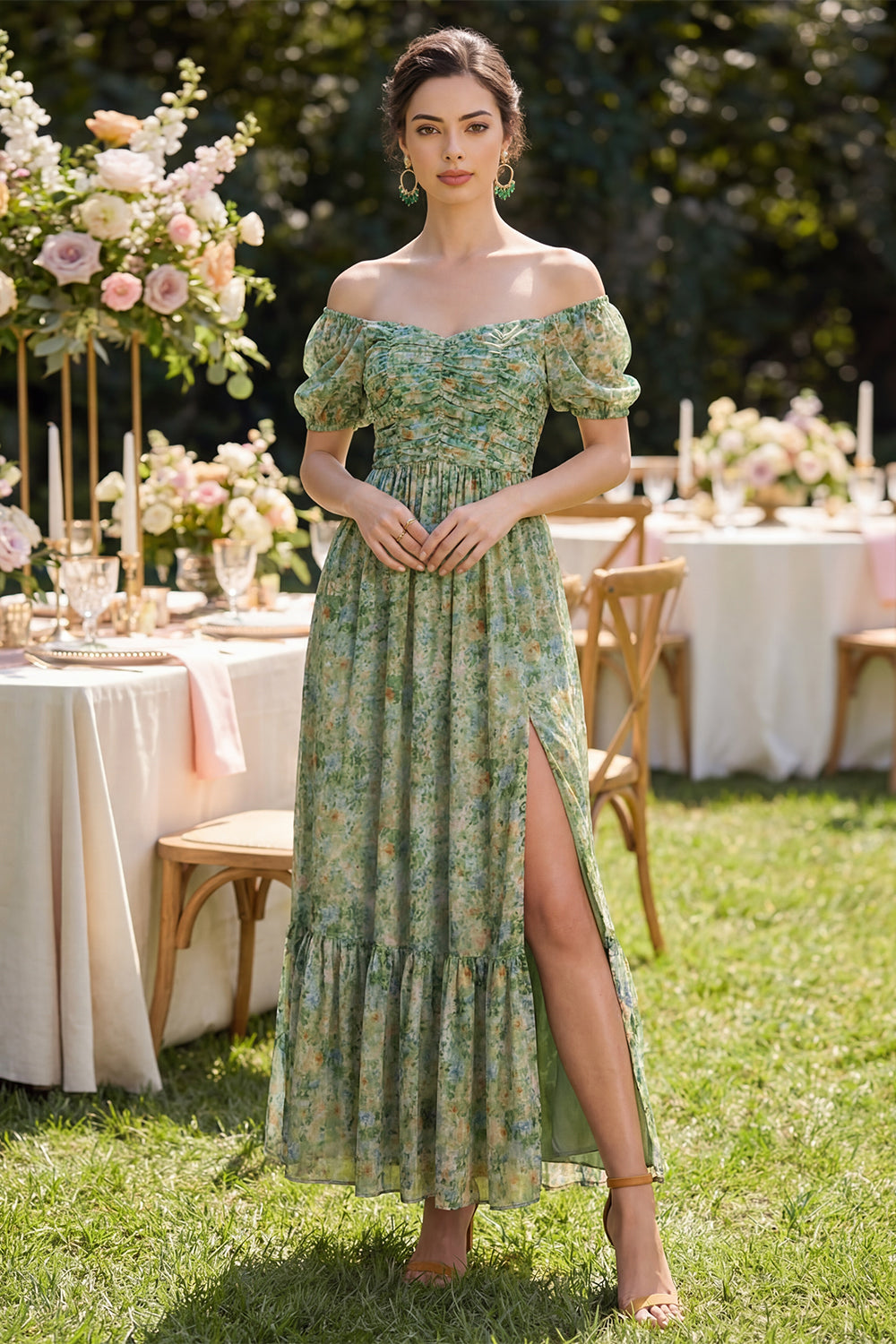 Dusty Green Ruched Floral A Line Puff Sleeves Maxi Beach Wedding Guest Dress with Slit