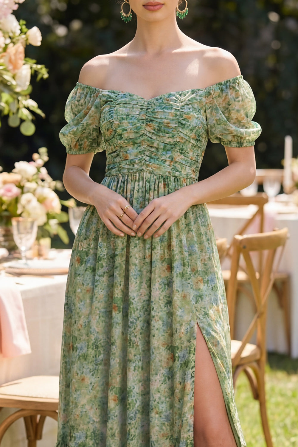 Dusty Green Ruched Floral A Line Puff Sleeves Maxi Beach Wedding Guest Dress with Slit
