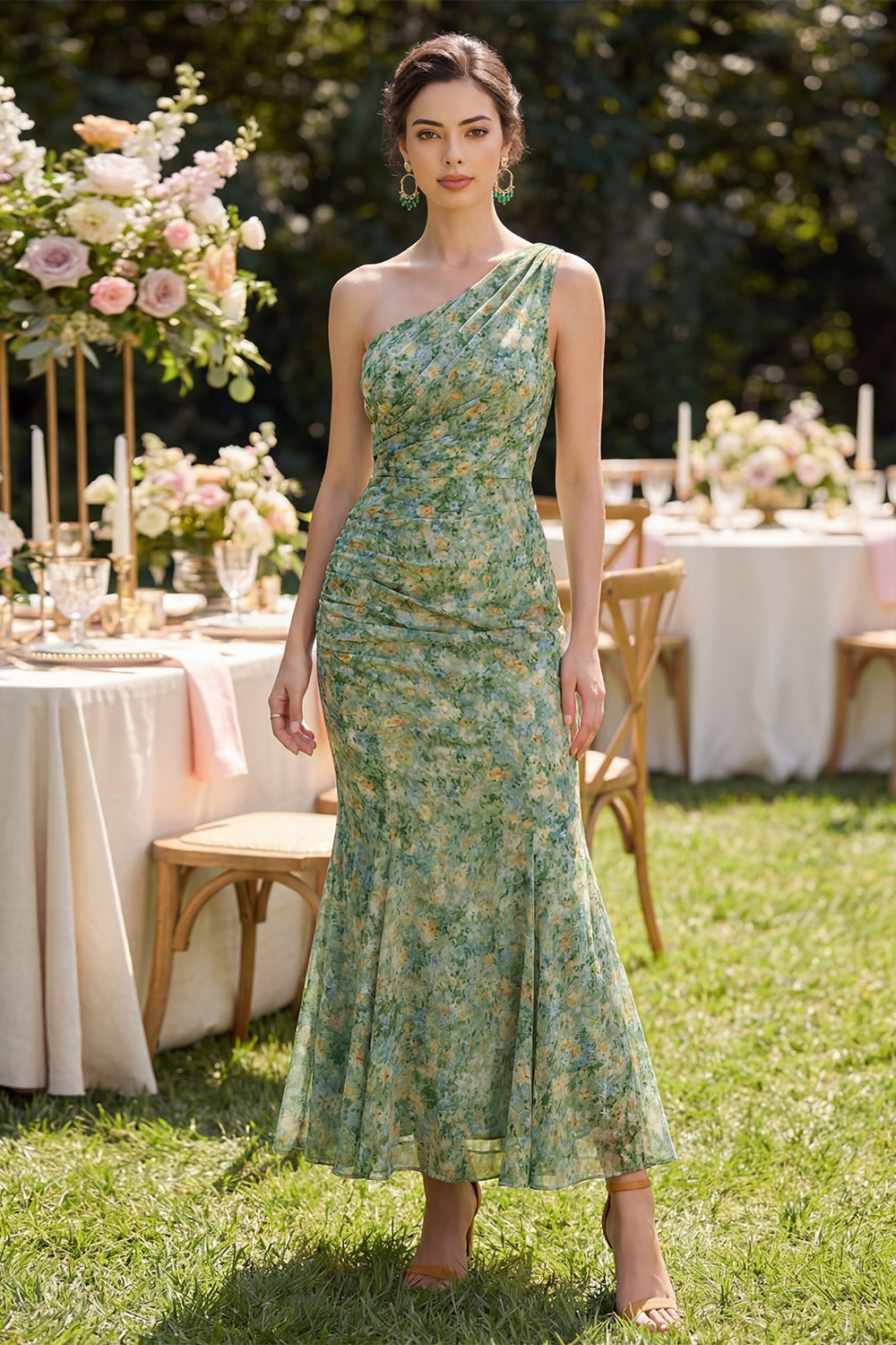 Dusty Green Ruched One Shoulder Mermaid Floral Maxi Beach Wedding Guest Dress
