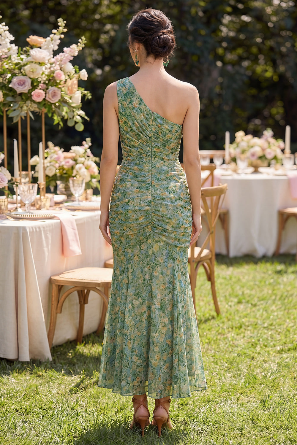 Dusty Green Ruched One Shoulder Mermaid Floral Maxi Beach Wedding Guest Dress