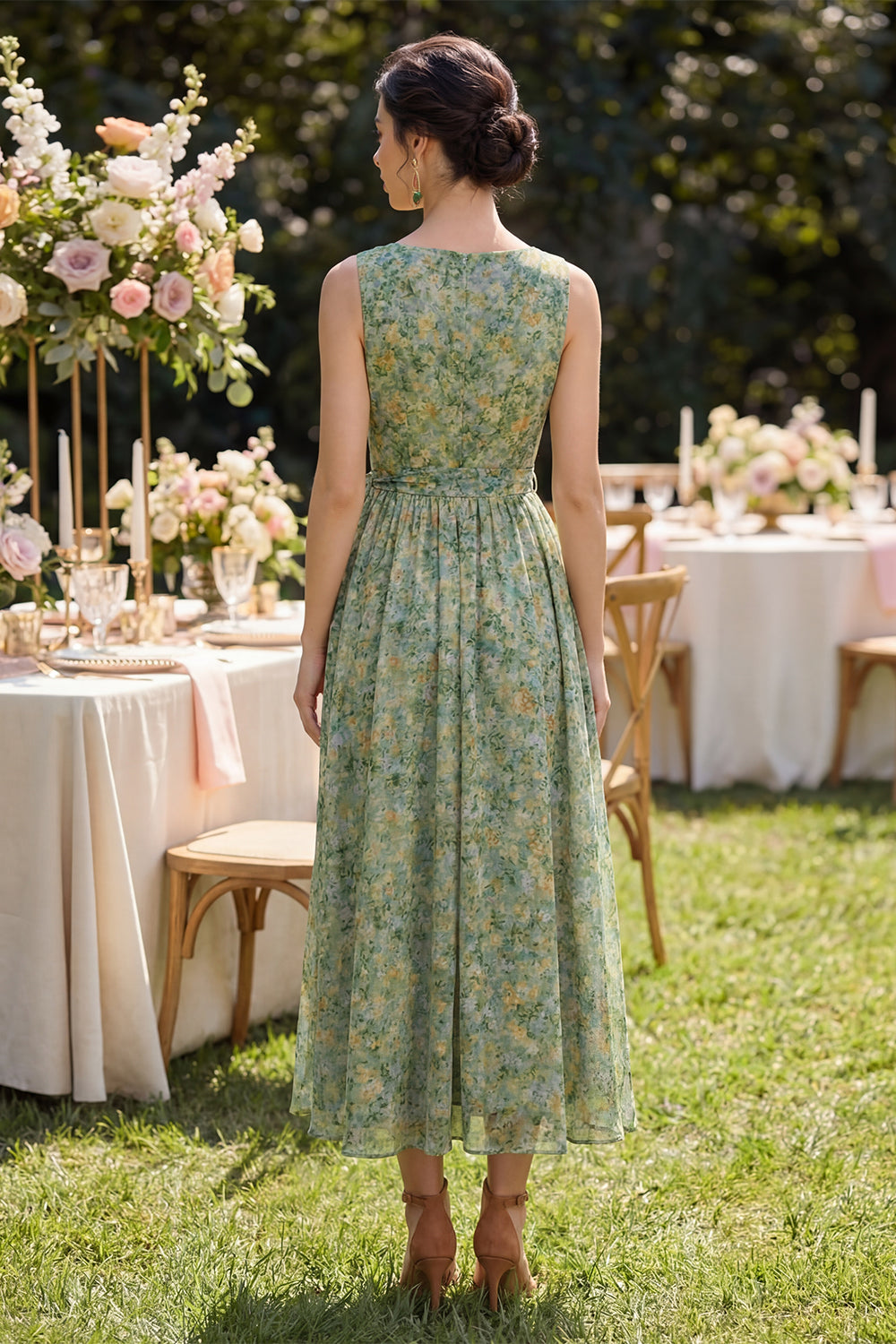 Dusty Green Ruched V-Neck Floral A Line Maxi Beach Wedding Guest Dress with Bow