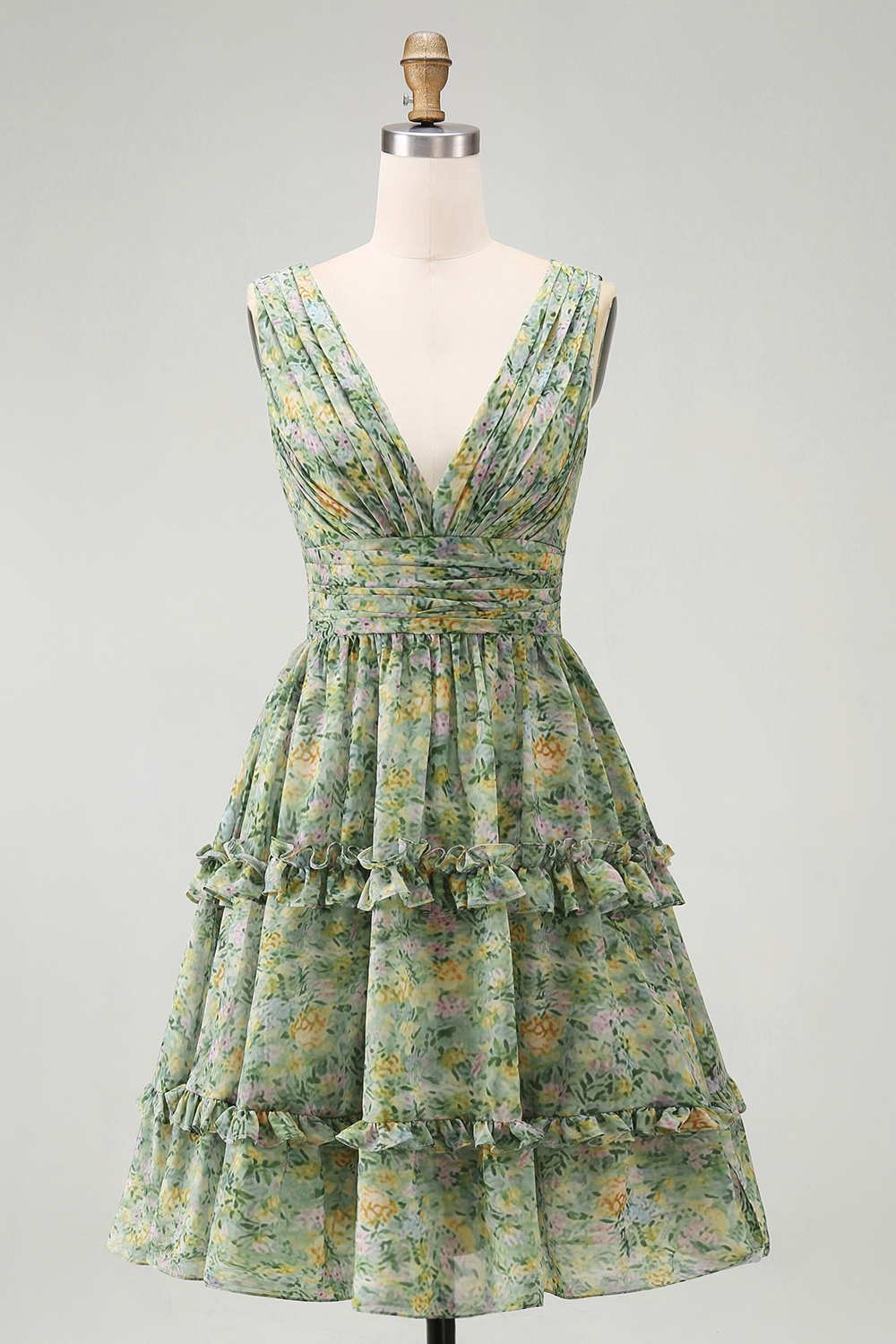 Dusty Green Ruched Floral A Line V-Neck Knee Length Beach Wedding Guest Dress with Ruffles