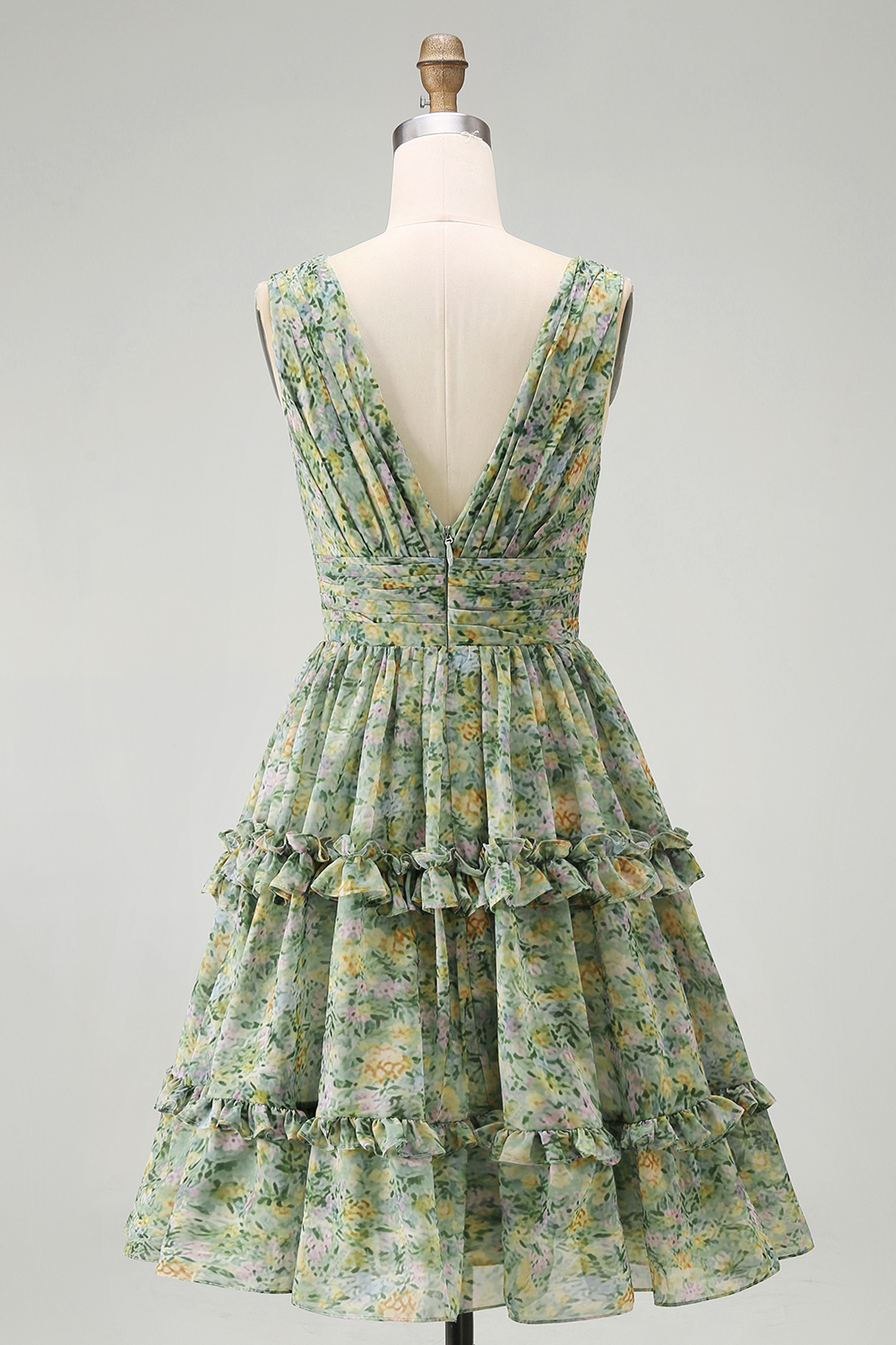 Dusty Green Ruched Floral A Line V-Neck Knee Length Beach Wedding Guest Dress with Ruffles