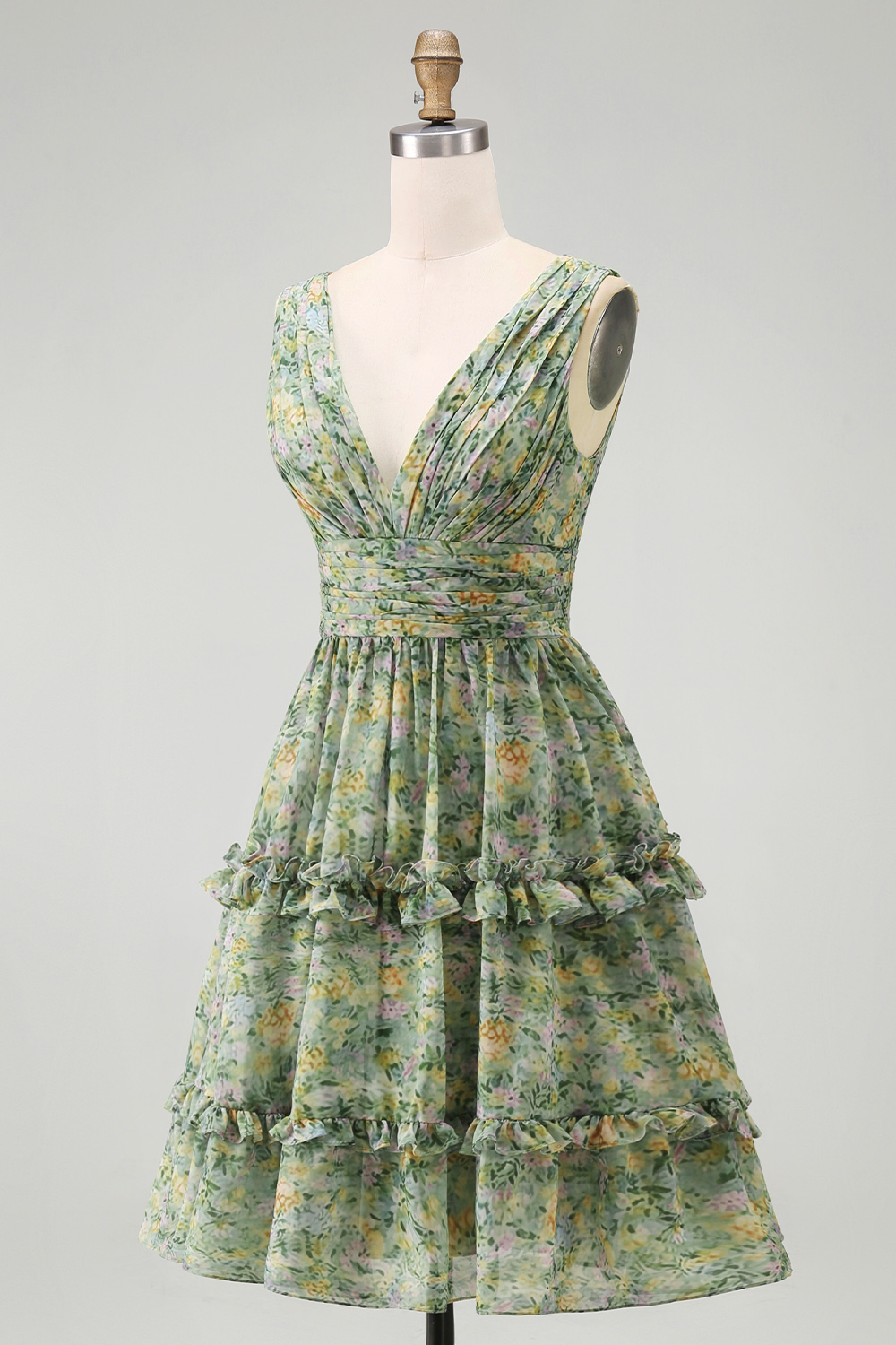 Dusty Green Ruched Floral A Line V-Neck Knee Length Beach Wedding Guest Dress with Ruffles