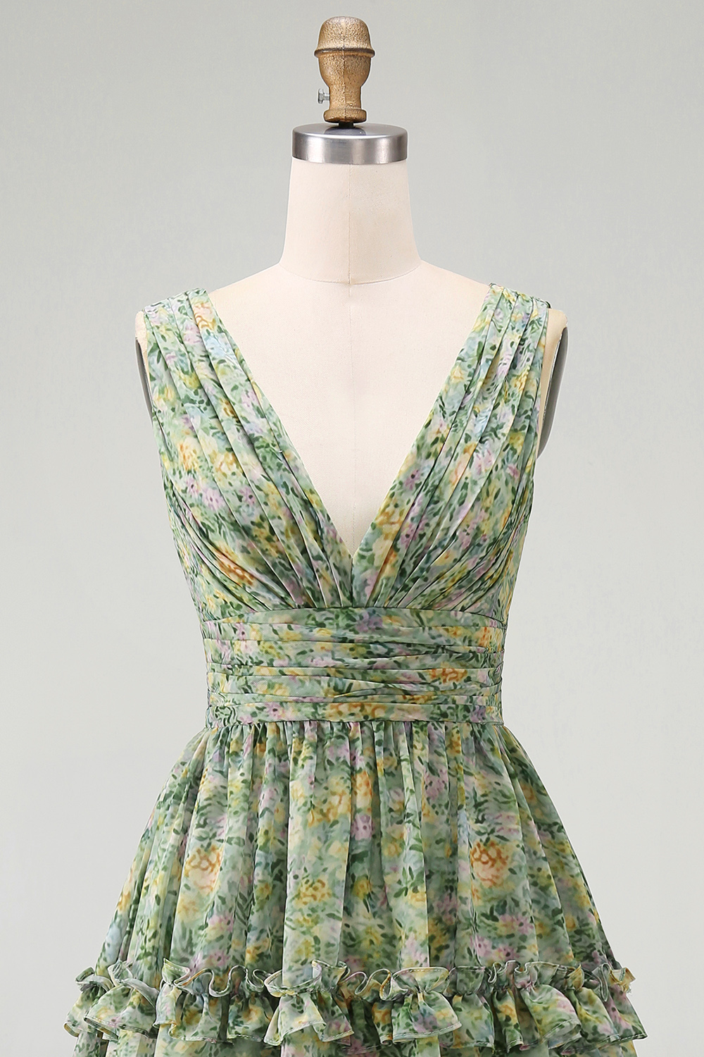 Dusty Green Ruched Floral A Line V-Neck Knee Length Beach Wedding Guest Dress with Ruffles