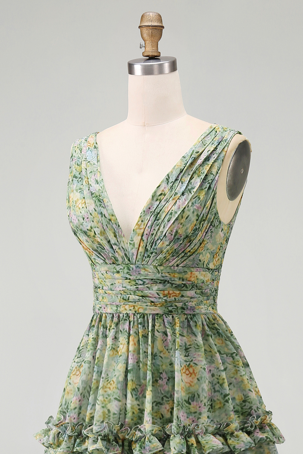 Dusty Green Ruched Floral A Line V-Neck Knee Length Beach Wedding Guest Dress with Ruffles