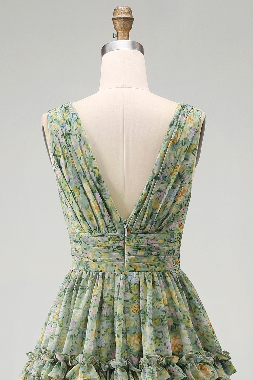 Dusty Green Ruched Floral A Line V-Neck Knee Length Beach Wedding Guest Dress with Ruffles