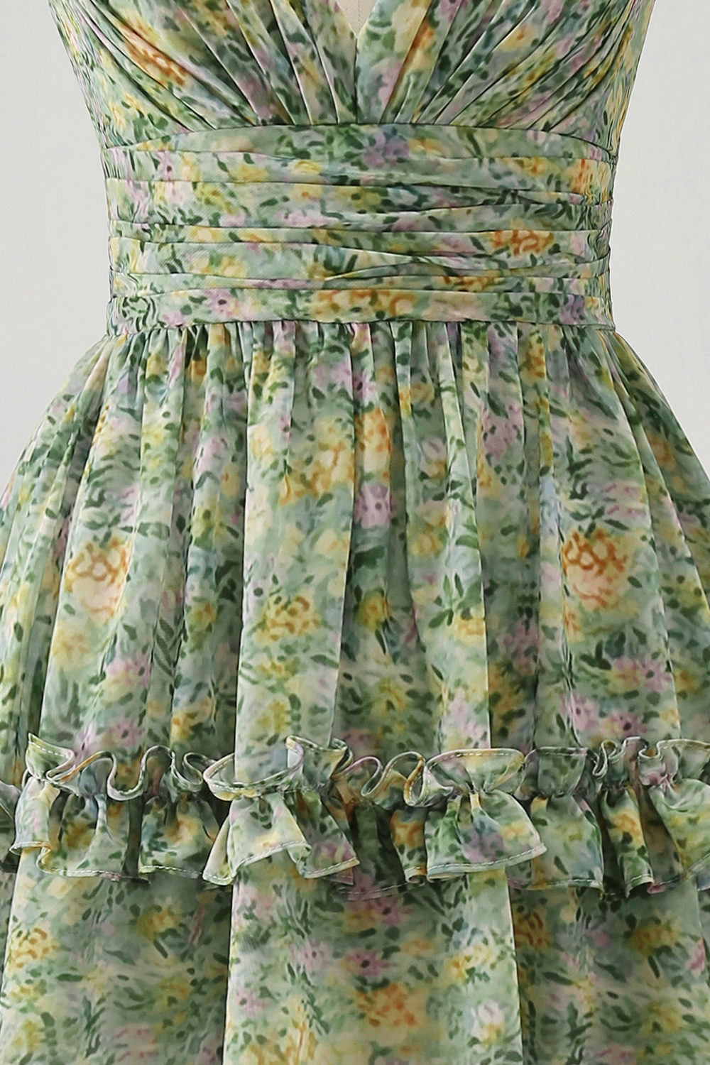 Dusty Green Ruched Floral A Line V-Neck Knee Length Beach Wedding Guest Dress with Ruffles