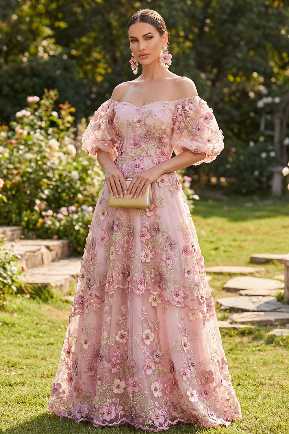 Pink Fuchsia A Line Puff Sleeves Floral Maxi Wedding Guest Dress with Pearls