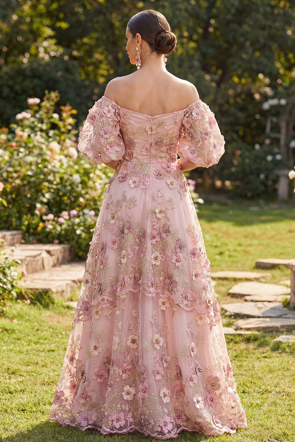 Pink Fuchsia A Line Puff Sleeves Floral Maxi Wedding Guest Dress with Pearls