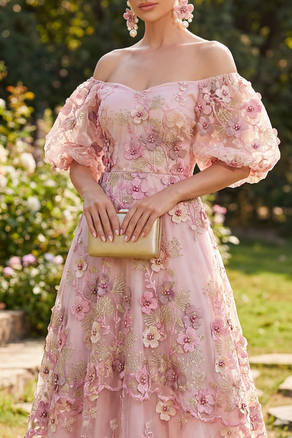 Pink Fuchsia A Line Puff Sleeves Floral Maxi Wedding Guest Dress with Pearls
