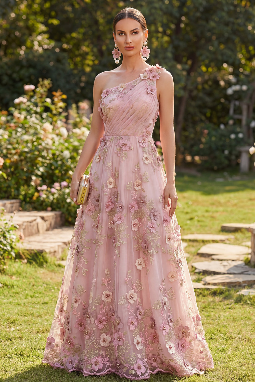 Fuchsia A Line One Shoulder Ruched Floral Pink Maxi Wedding Guest Dress with Pearls