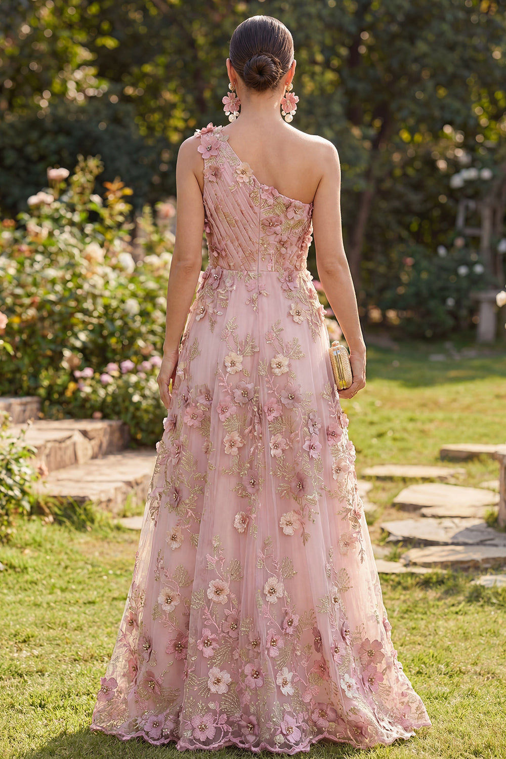 Fuchsia A Line One Shoulder Ruched Floral Pink Maxi Wedding Guest Dress with Pearls