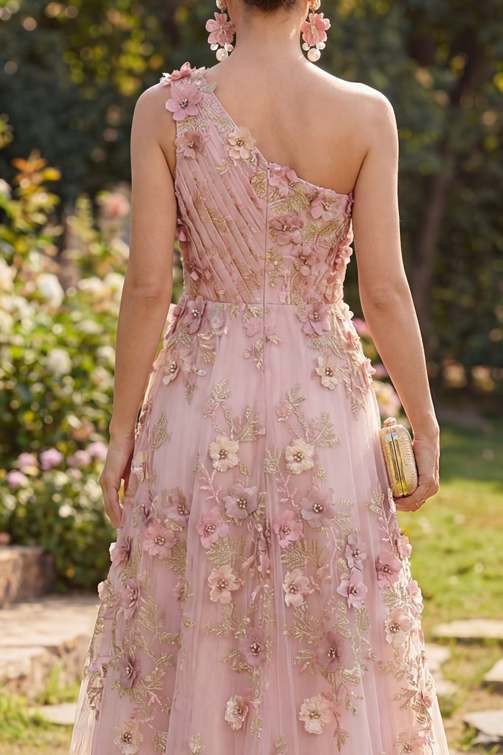 Fuchsia A Line One Shoulder Ruched Floral Pink Maxi Wedding Guest Dress with Pearls