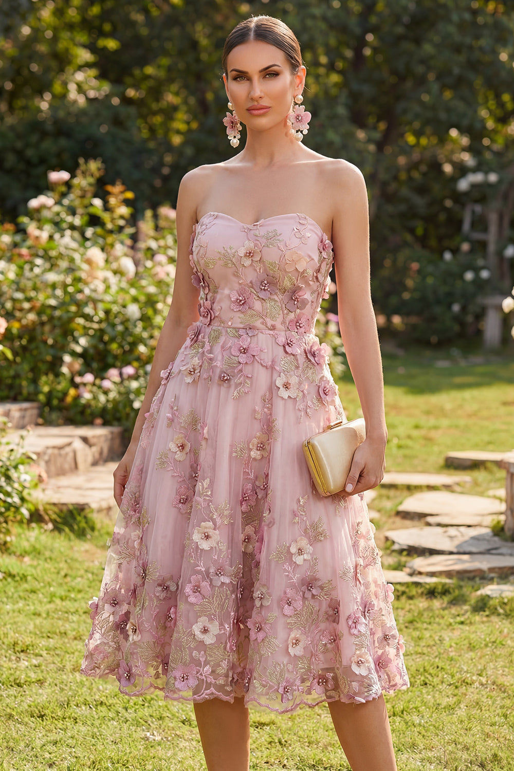Pink Fuchsia A Line Strapless Floral Midi Wedding Guest Dress with Pearls
