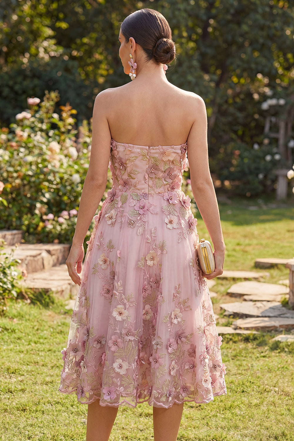 Pink Fuchsia A Line Strapless Floral Midi Wedding Guest Dress with Pearls