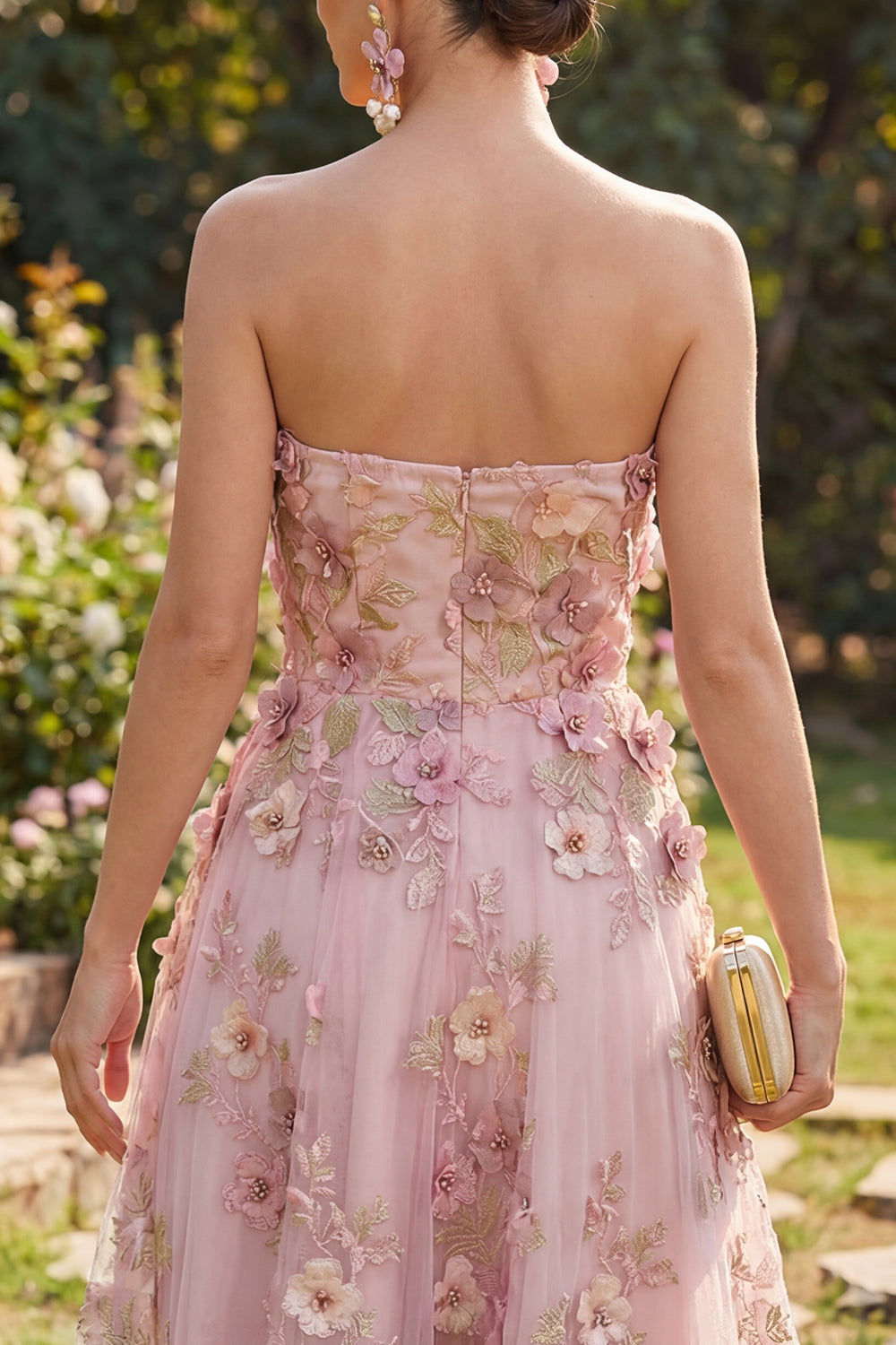 Pink Fuchsia A Line Strapless Floral Midi Wedding Guest Dress with Pearls