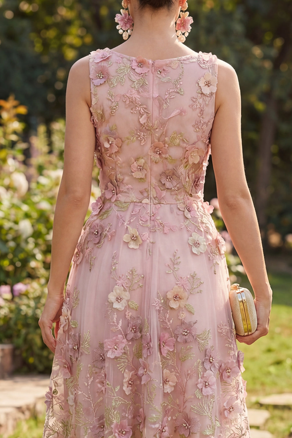 Pink Fuchsia A Line Boat Neck Floral Short Wedding Guest Dress with Pearls