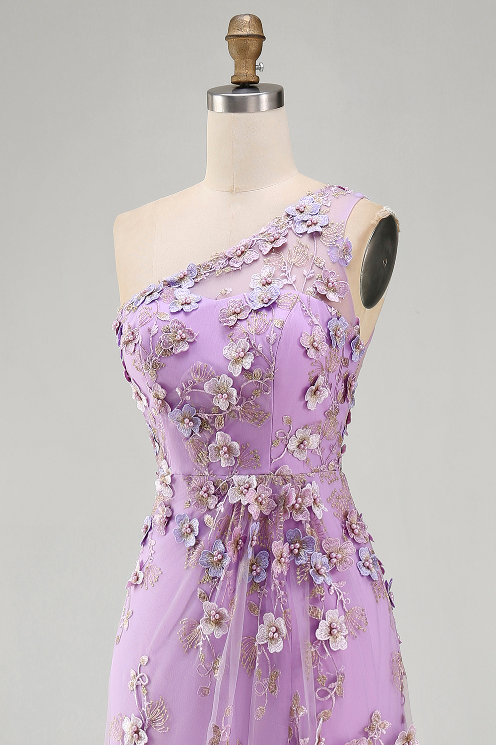 Lilac One Shoulder Ruched Maxi Floral Wedding Guest Dress with Pearls