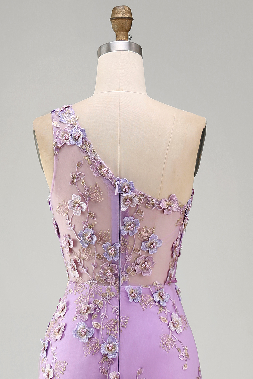 Lilac One Shoulder Ruched Maxi Floral Wedding Guest Dress with Pearls