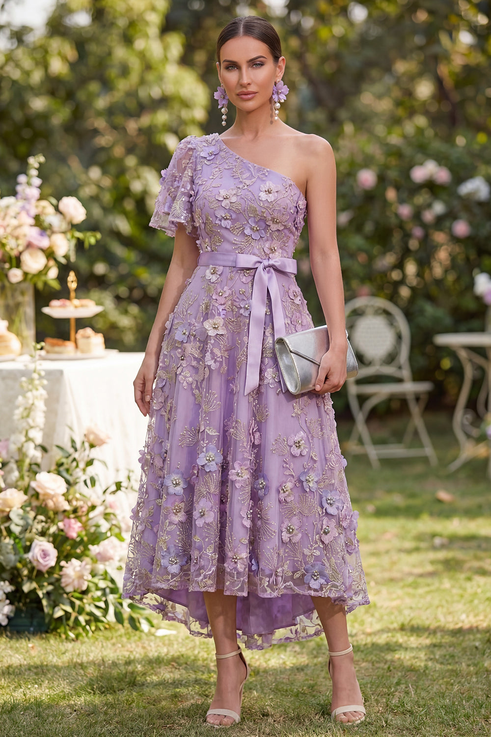 Floral Lilac Flutter Sleeves One Shoulder A Line Maxi Wedding Guest Dress with Pearls
