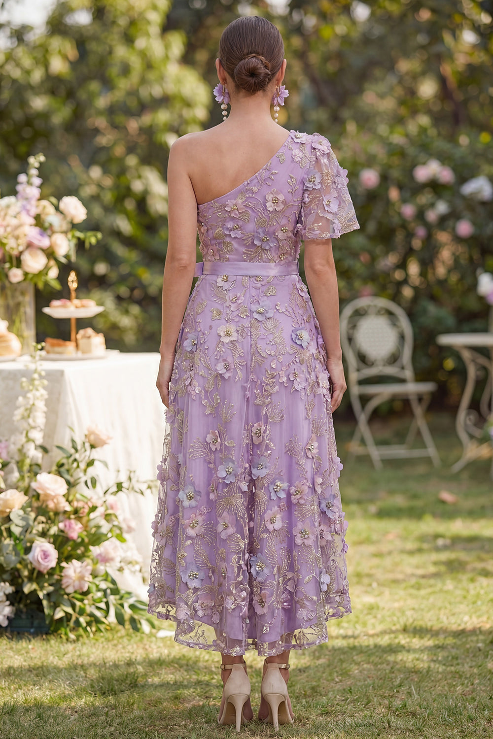 Floral Lilac Flutter Sleeves One Shoulder A Line Maxi Wedding Guest Dress with Pearls