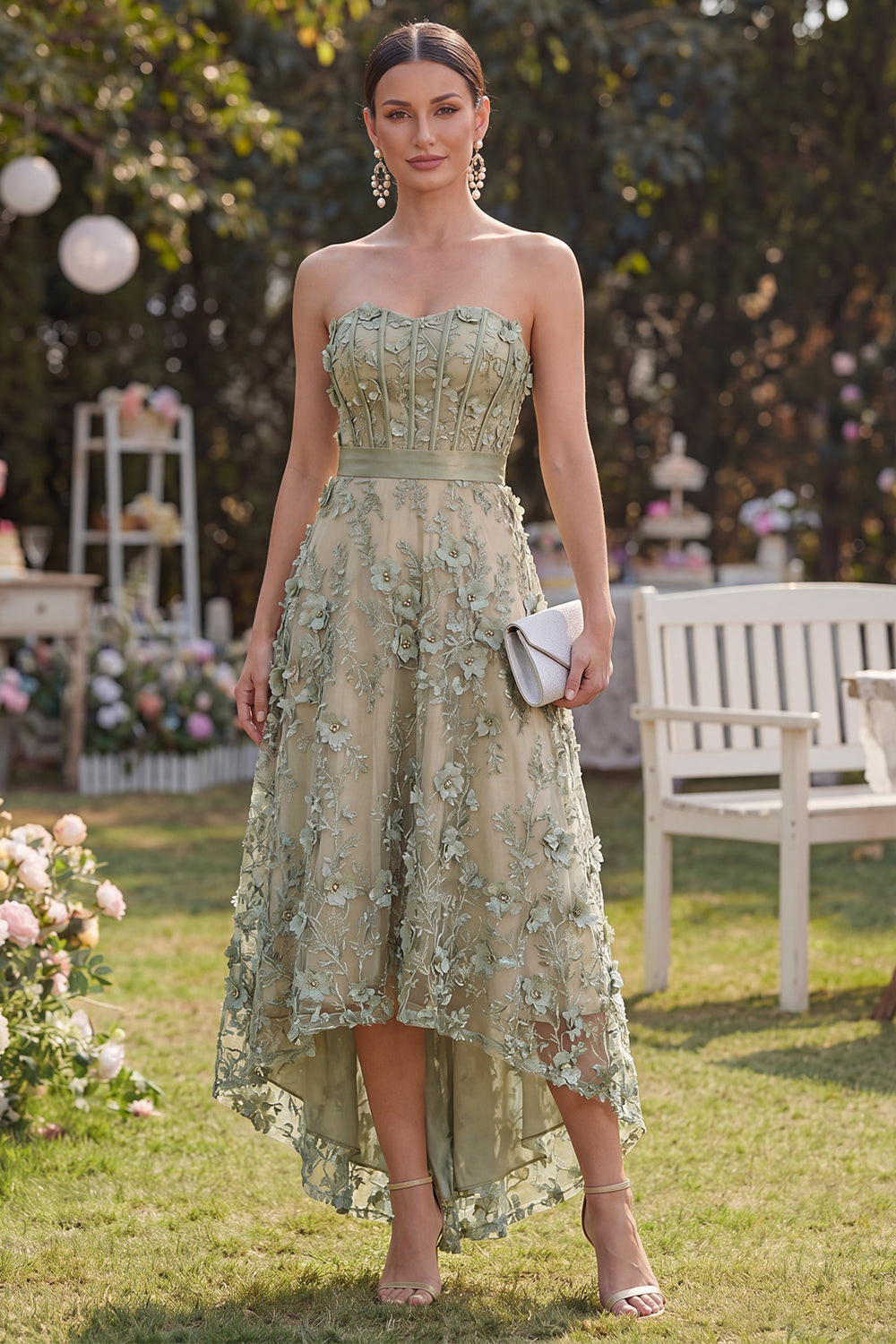 Dusty Green A Line Floral Corset High Low Wedding Guest Dress with Pearls