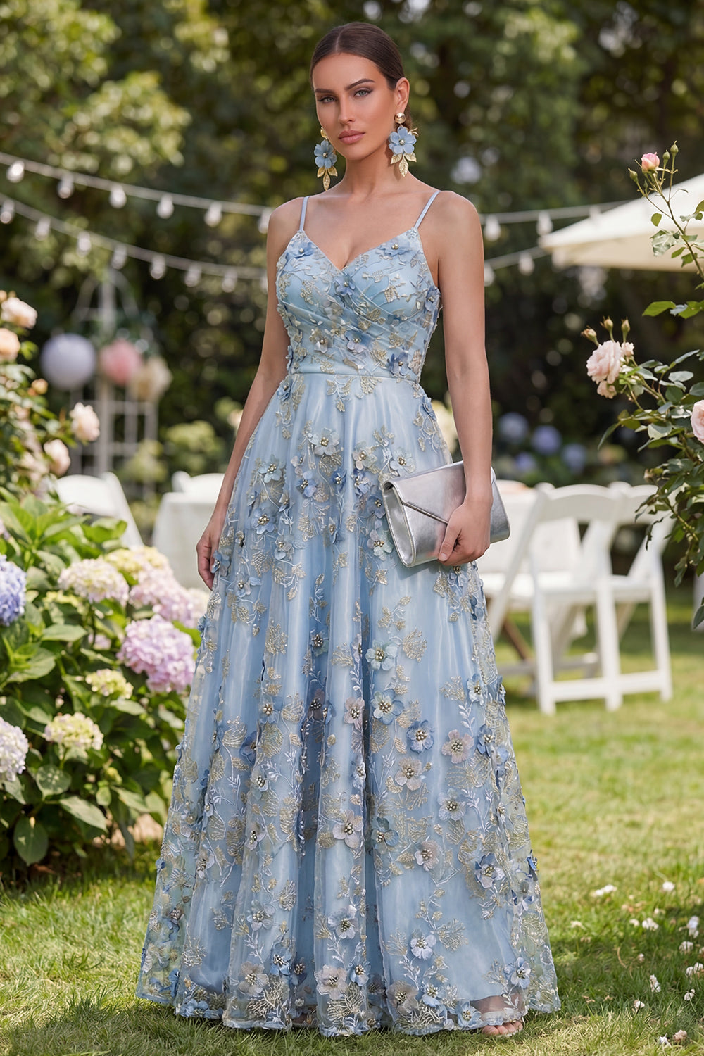 Spaghetti Straps Blue A Line Ruched Maxi Floral Wedding Guest Dress with Pearls