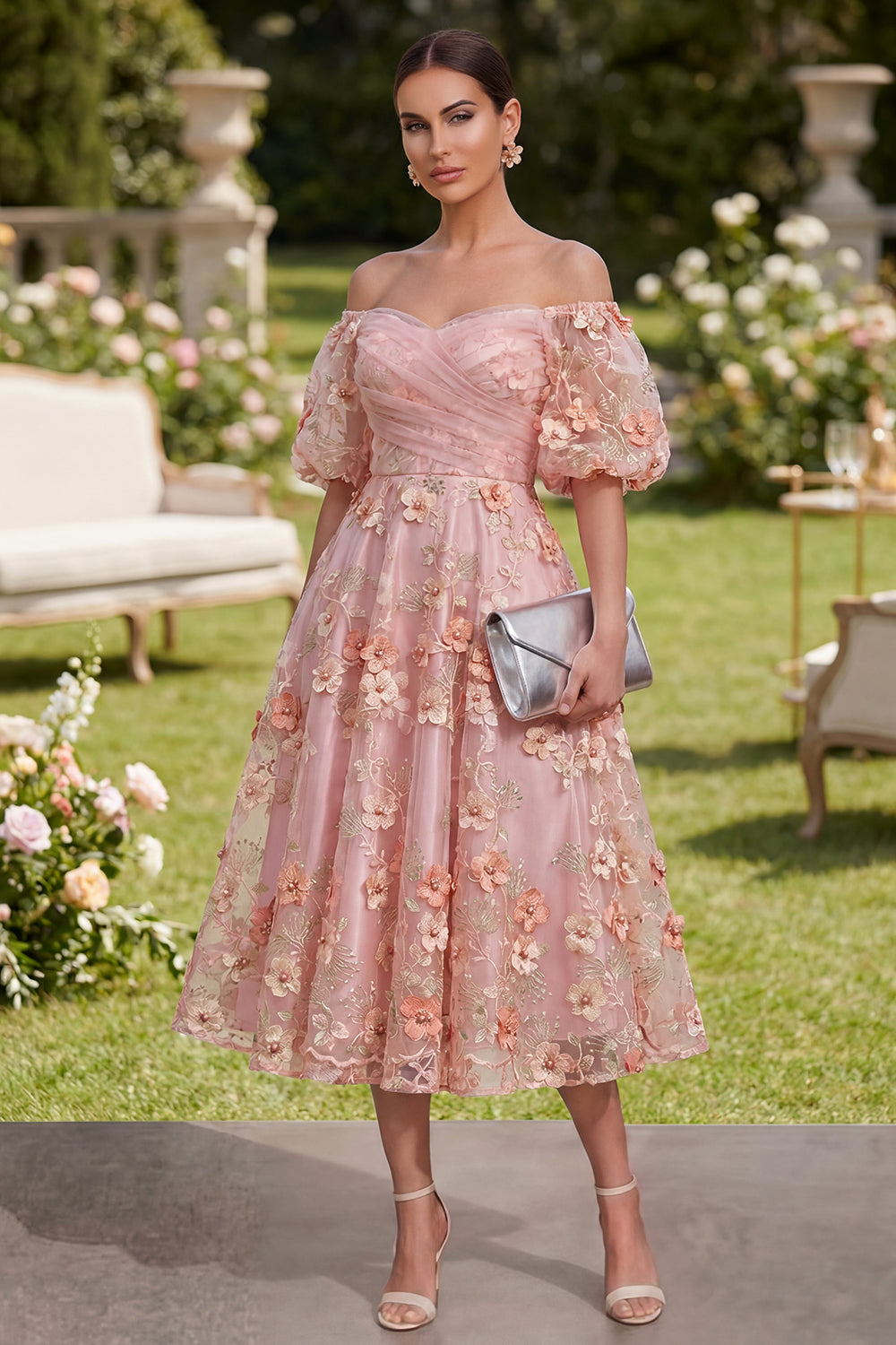Pink Orange Floral Puff Sleeves Ruched A Line Maxi Wedding Guest Dress with Pearls