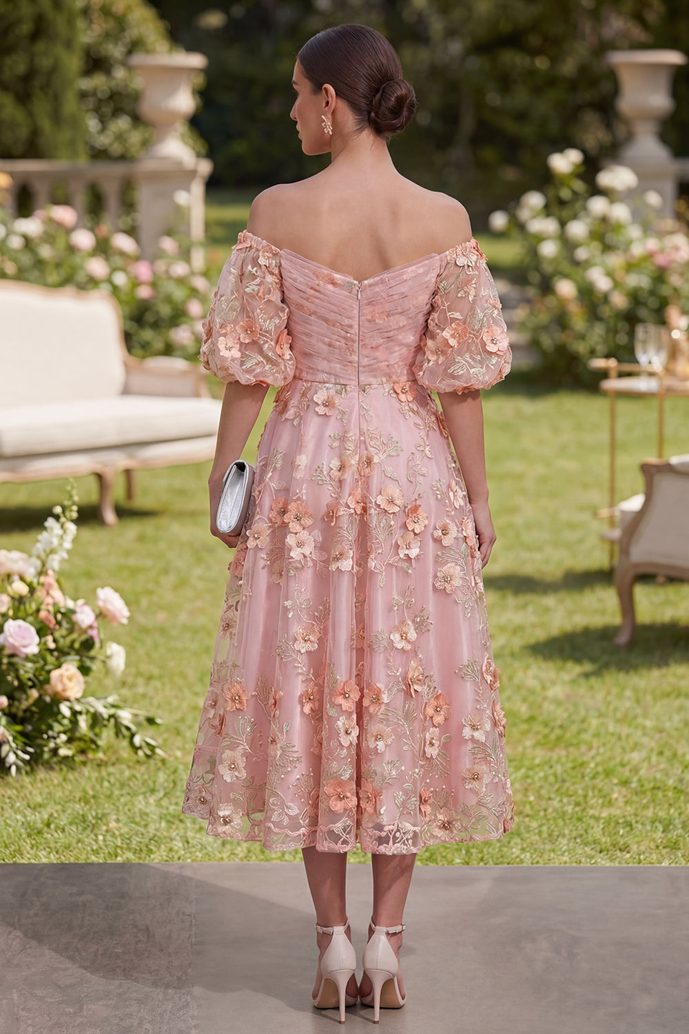 Pink Orange Floral Puff Sleeves Ruched A Line Maxi Wedding Guest Dress with Pearls