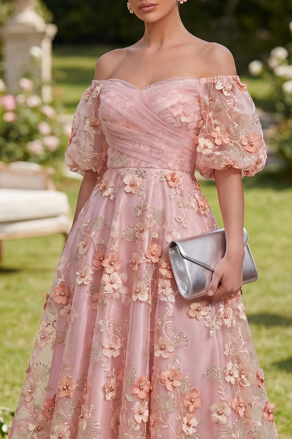 Pink Orange Floral Puff Sleeves Ruched A Line Maxi Wedding Guest Dress with Pearls