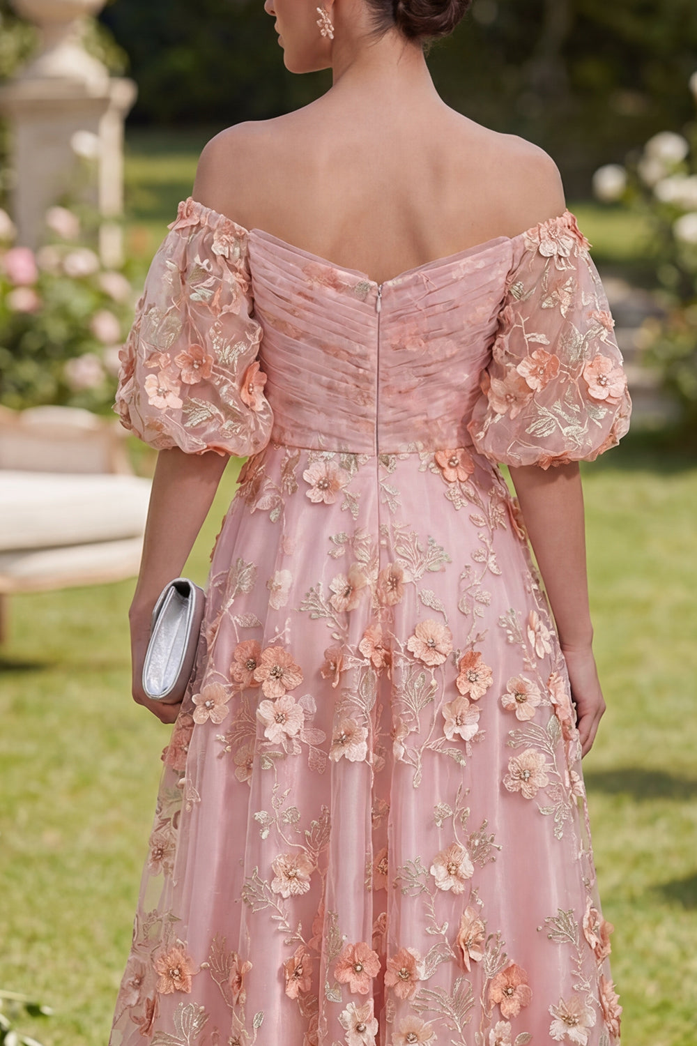 Pink Orange Floral Puff Sleeves Ruched A Line Maxi Wedding Guest Dress with Pearls